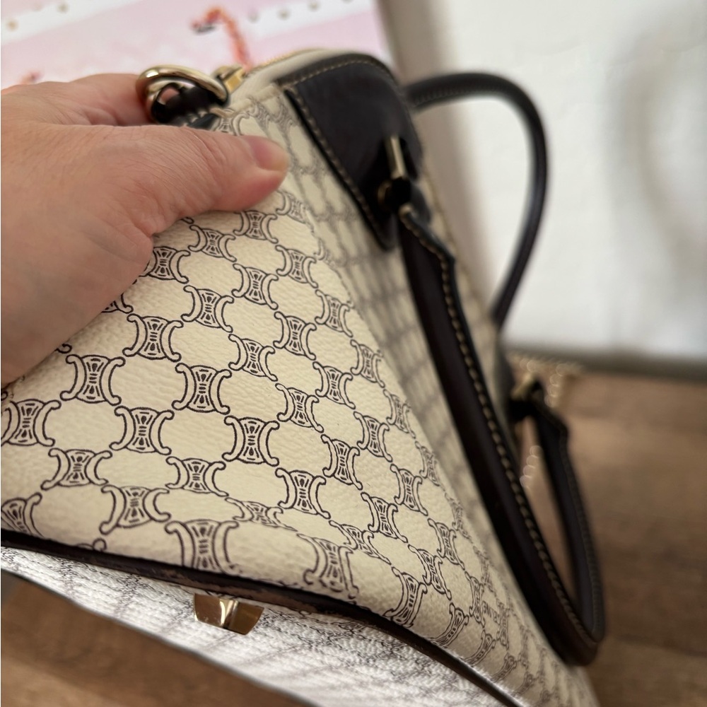 Celine Coated Canvas Macadam Dome Bag Cream and Dark Brown Bag with Gold Accents - Picture 13 of 14